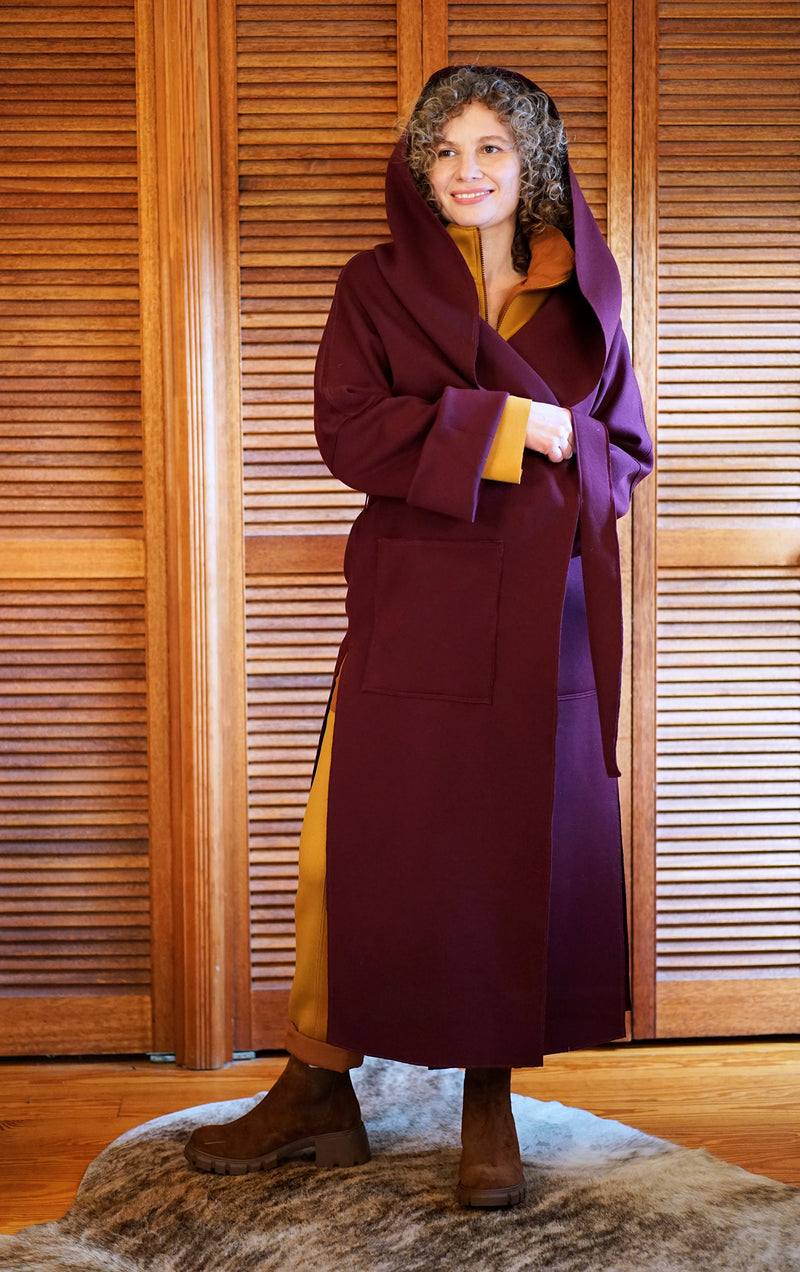 A MELODY COAT IN MERLOT